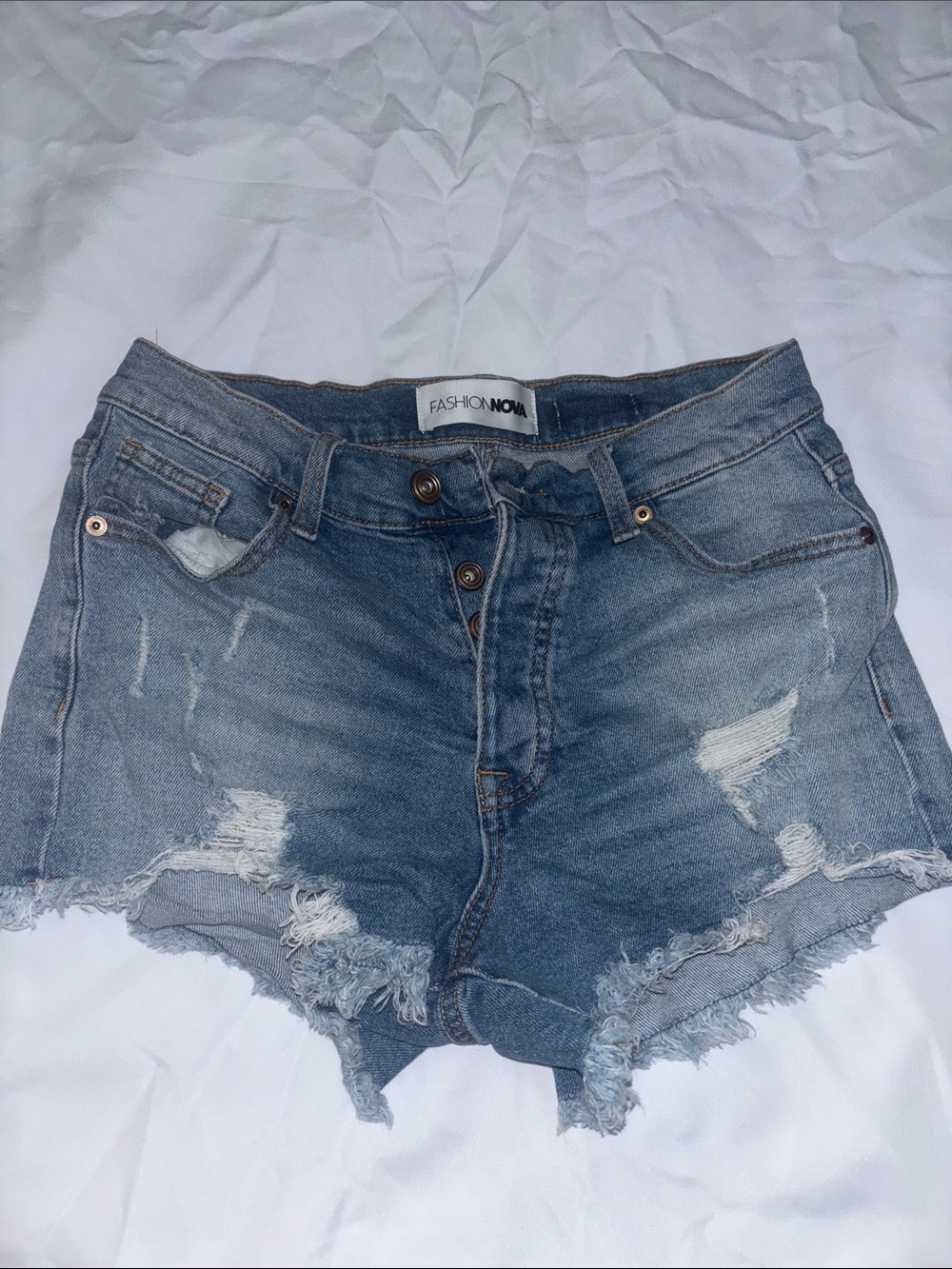 Fashion Nova Light Blue Distressed High-Rise Denim Shorts